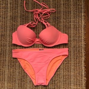 Aerie Coral Lightly Lined Bikini Top/Bottoms